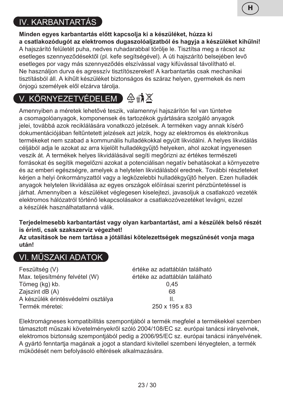 Iv. karbantartás, V. környezetvédelem, Vi. műszaki adatok | ETA Liliana User Manual | Page 23 / 32