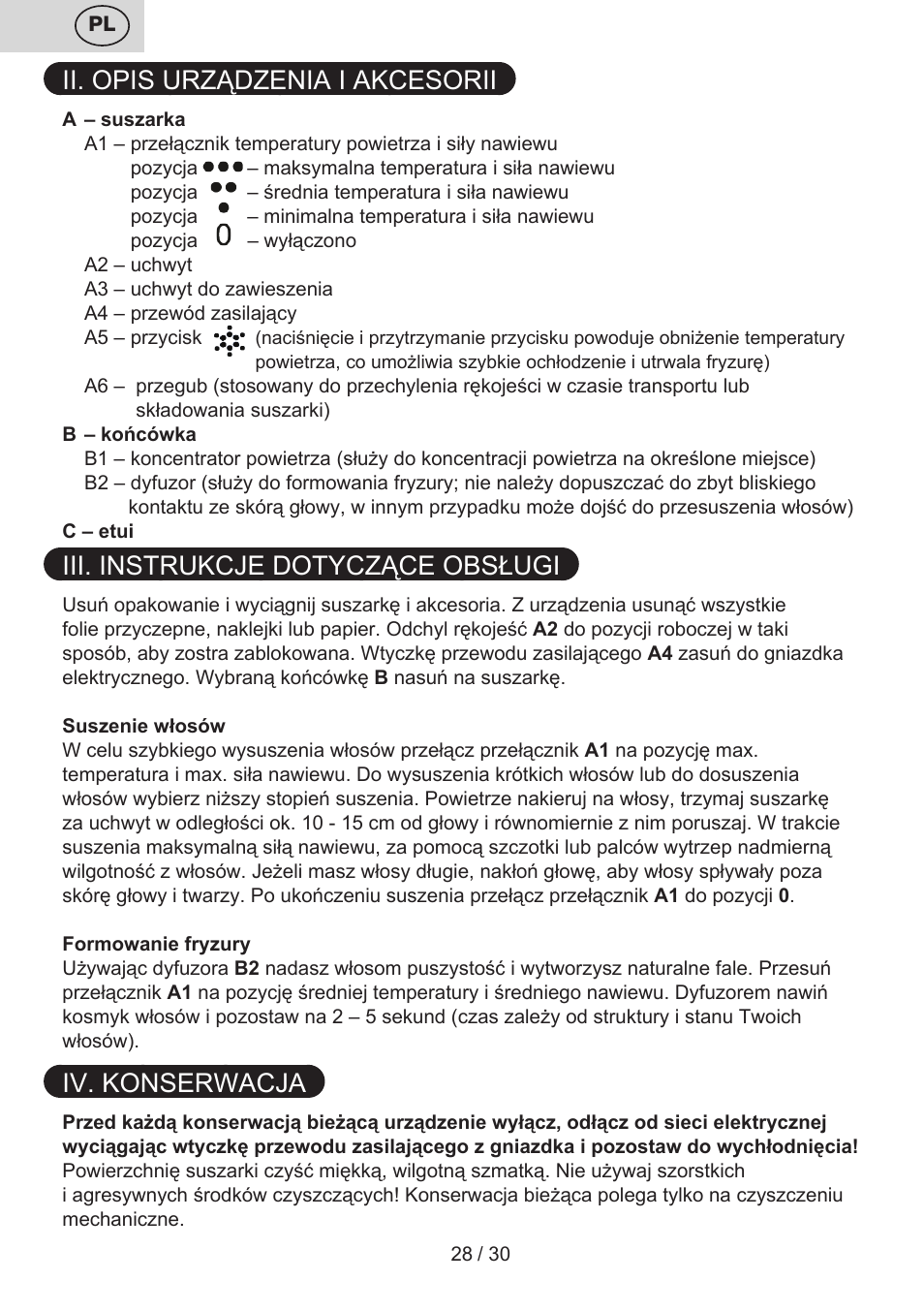 Ii. opis urządzenia i akcesorii, Iii. instrukcje dotyczące obsługi, Iv. konserwacja | ETA Liliana User Manual | Page 28 / 32