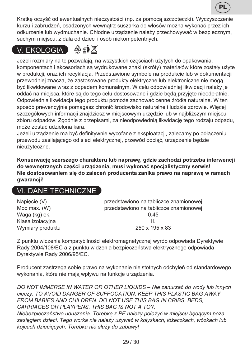 V. ekologia, Vi. dane techniczne | ETA Liliana User Manual | Page 29 / 32