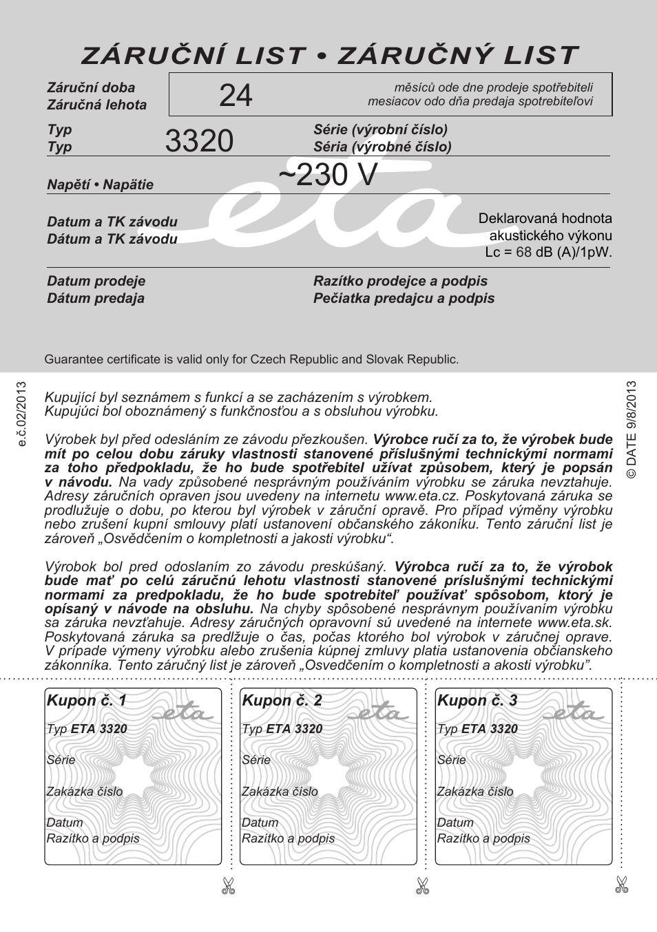 List, Záruční list • záručný | ETA Liliana User Manual | Page 32 / 32