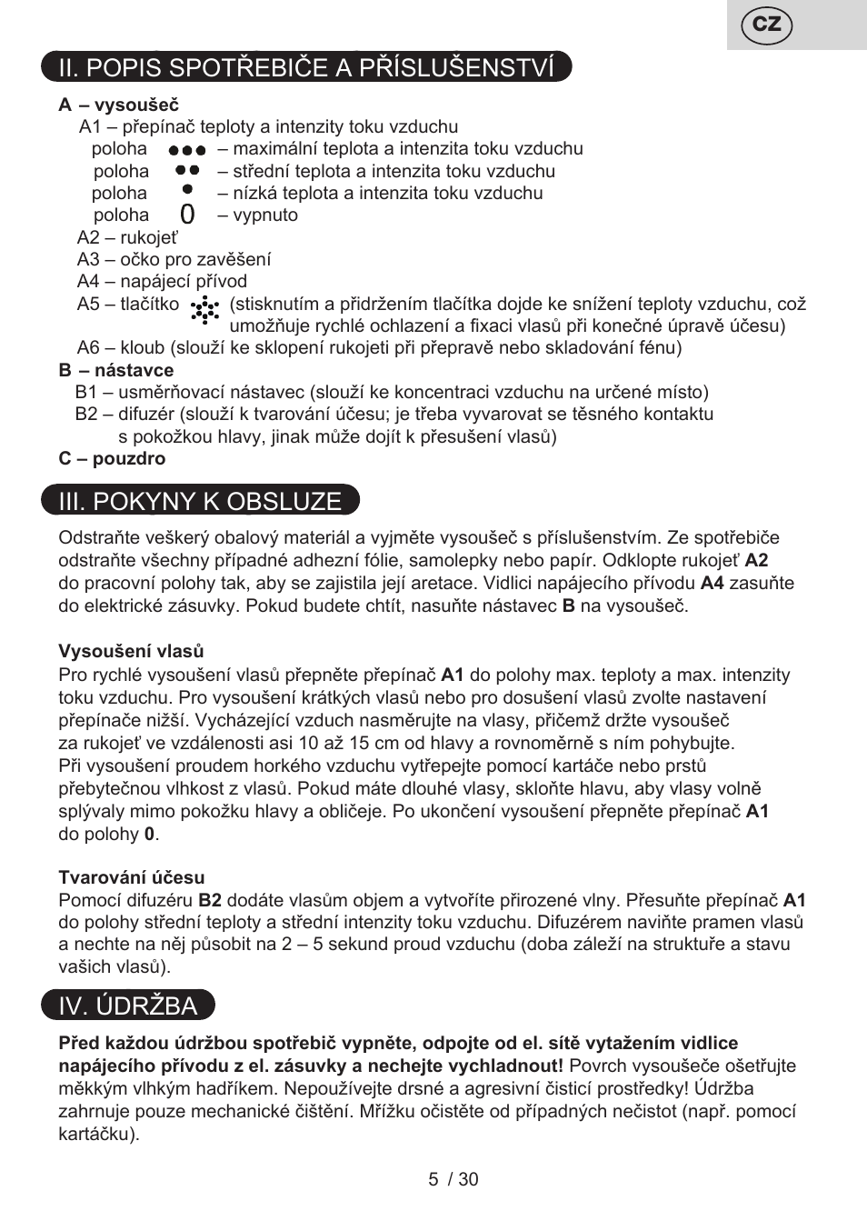 Ii. popis spotřebiče a příslušenství, Iii. pokyny k obsluze, Iv. údržba | ETA Liliana User Manual | Page 5 / 32