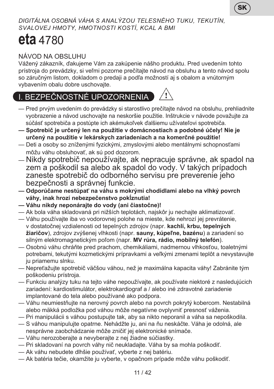 I. bezpečnostné upozornenia | ETA Kate User Manual | Page 11 / 44