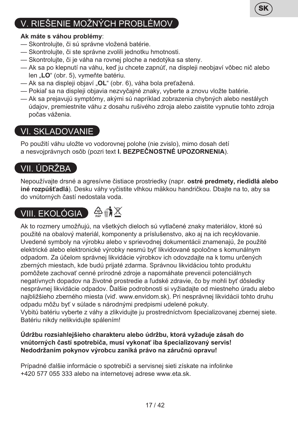 V. riešenie možných problémov, Vi. skladovanie, Vii. údržba | Viii. ekológia | ETA Kate User Manual | Page 17 / 44