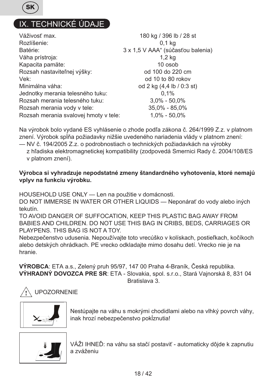 Ix. technické údaje | ETA Kate User Manual | Page 18 / 44