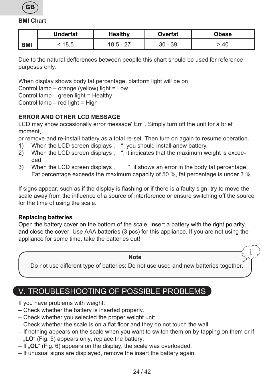 V. troubleshooting of possible problems | ETA Kate User Manual | Page 24 / 44