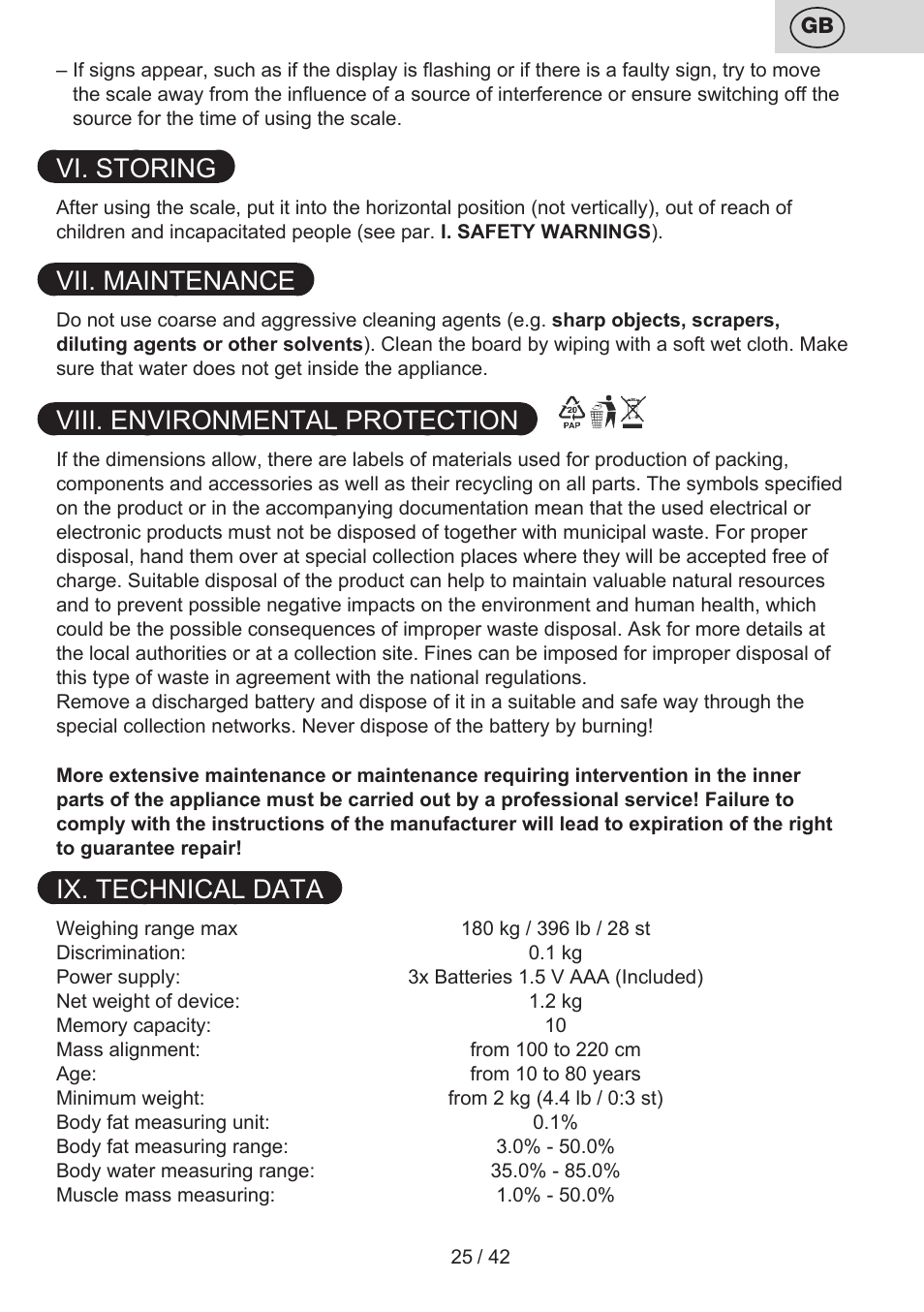 Vi. storing, Vii. maintenance, Viii. environmental protection | Ix. technical data | ETA Kate User Manual | Page 25 / 44
