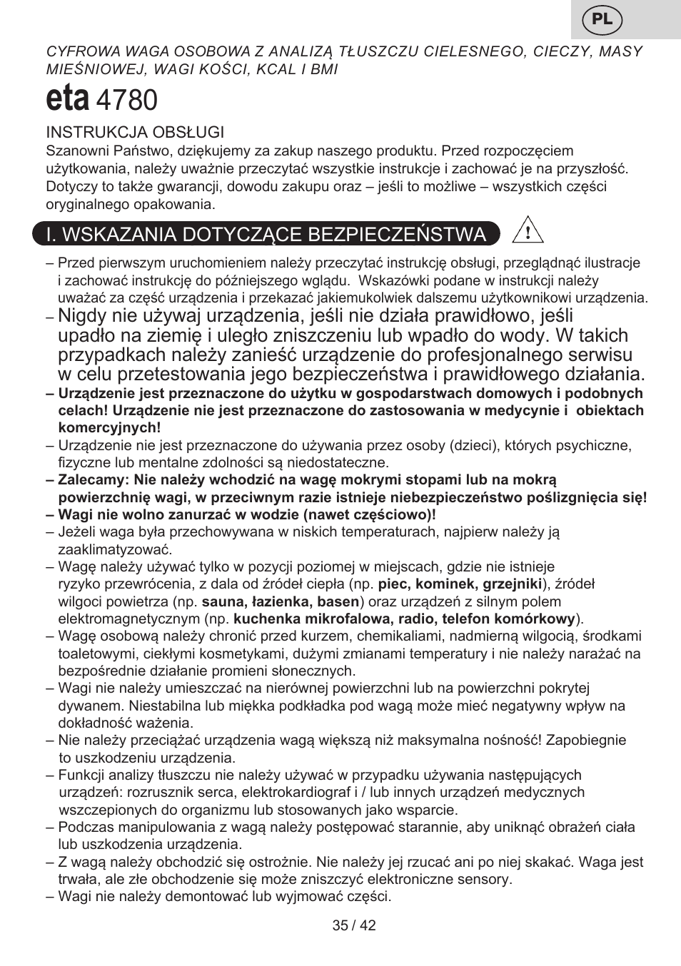 I. wskazania dotyczące bezpieczeństwa | ETA Kate User Manual | Page 35 / 44