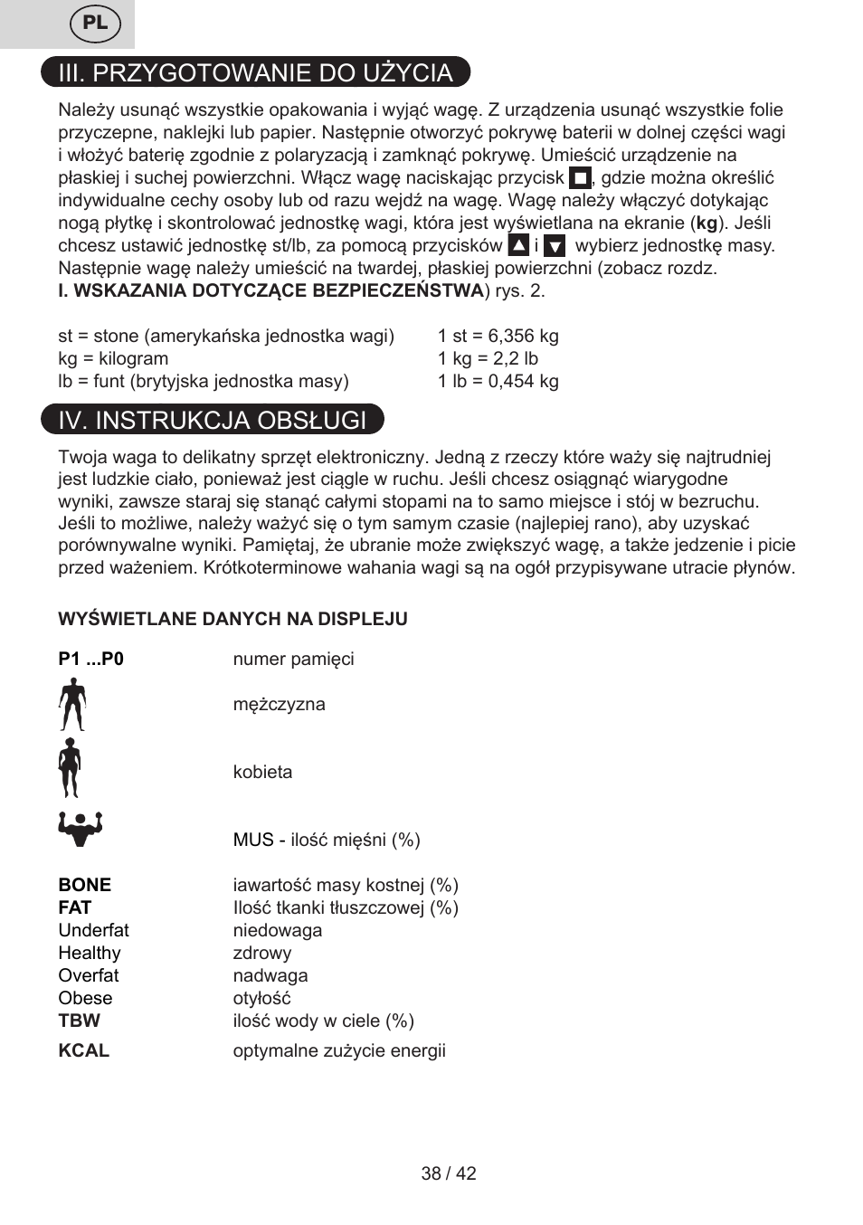 Iii. przygotowanie do użycia, Iv. instrukcja obsługi | ETA Kate User Manual | Page 38 / 44