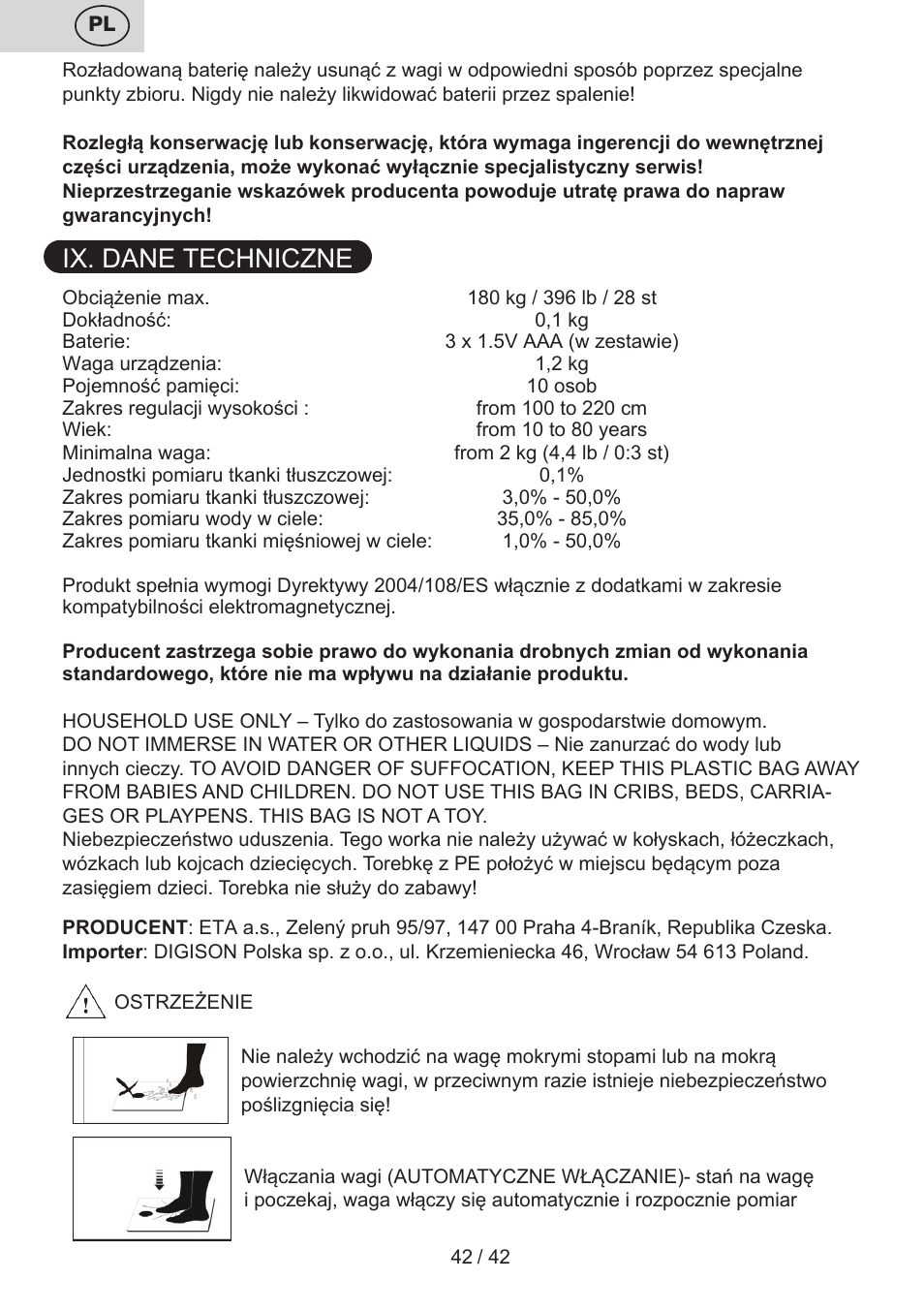 Ix. dane techniczne | ETA Kate User Manual | Page 42 / 44