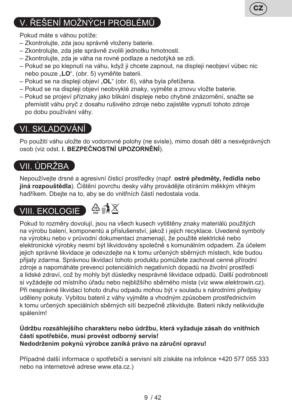 V. řešení možných problémů, Vi. skladování, Vii. údržba | Viii. ekologie | ETA Kate User Manual | Page 9 / 44