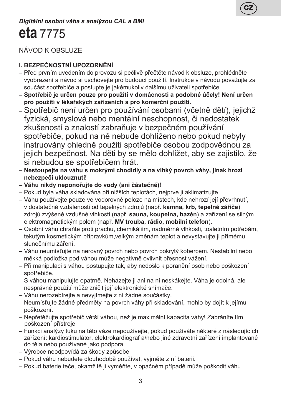 ETA Digitální osobní váha 7775 User Manual | Page 3 / 72