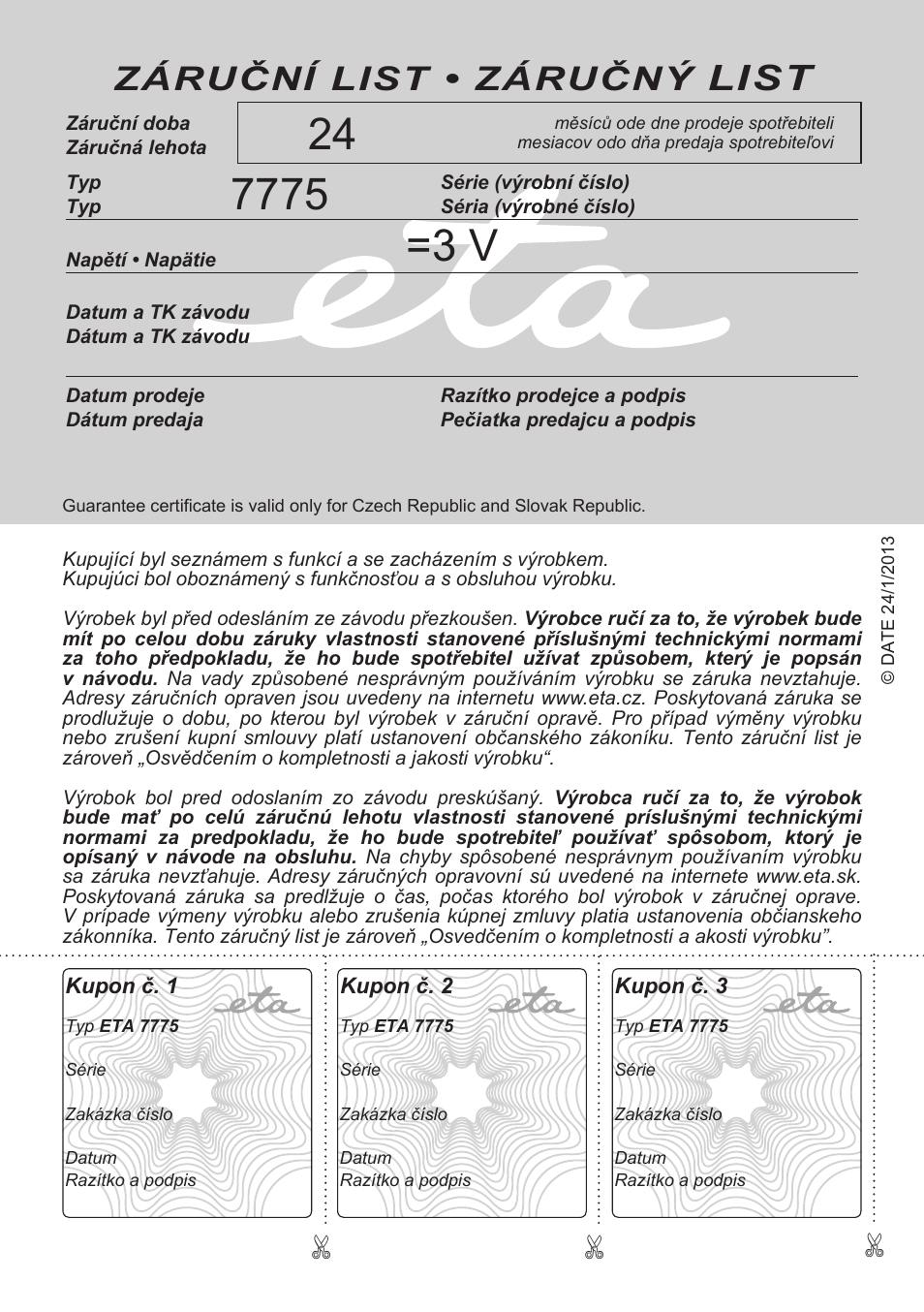 List, Záruční list • záručný | ETA Digitální osobní váha 7775 User Manual | Page 72 / 72