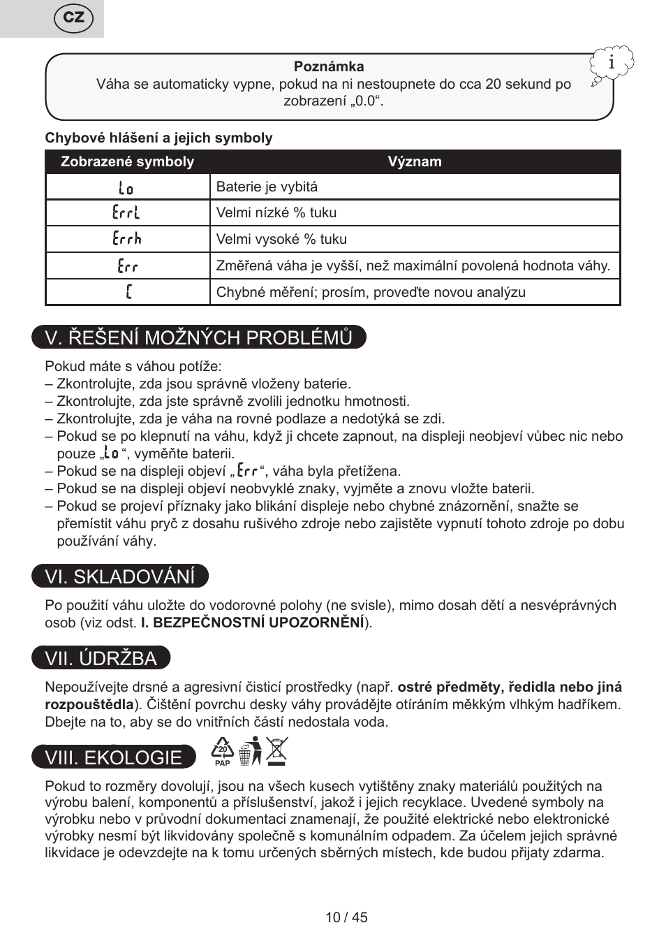 V. řešení možných problémů, Vi. skladování, Vii. údržba | Viii. ekologie | ETA Helen User Manual | Page 10 / 48