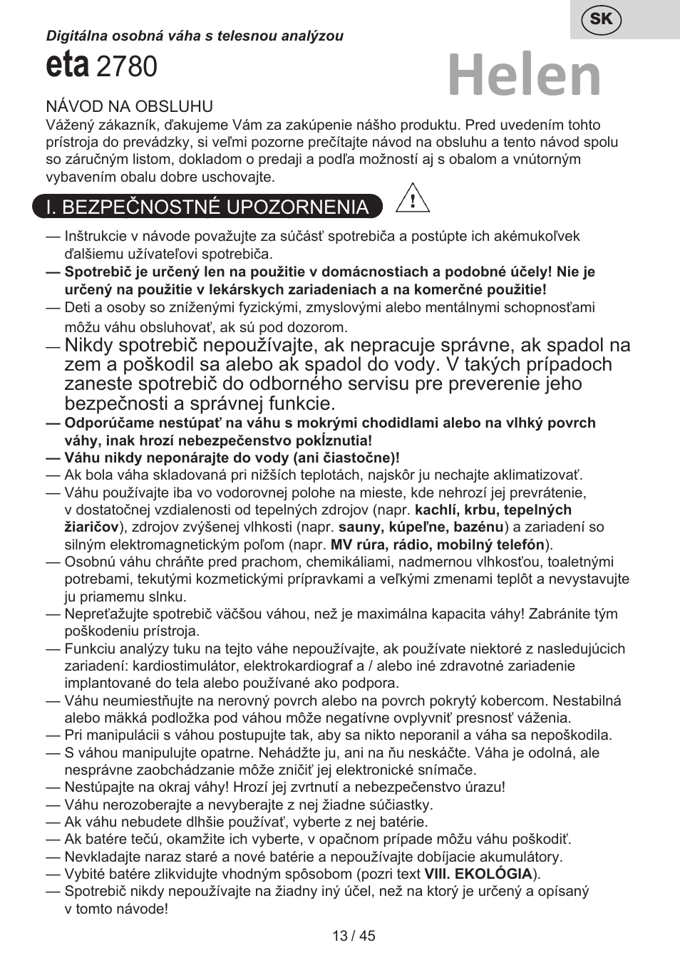 Helen, I. bezpečnostné upozornenia | ETA Helen User Manual | Page 13 / 48