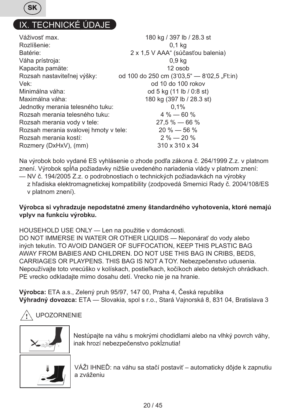 Ix. technické údaje | ETA Helen User Manual | Page 20 / 48