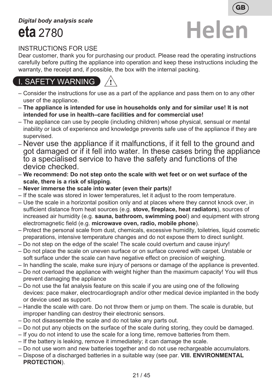 Helen, I. safety warning | ETA Helen User Manual | Page 21 / 48