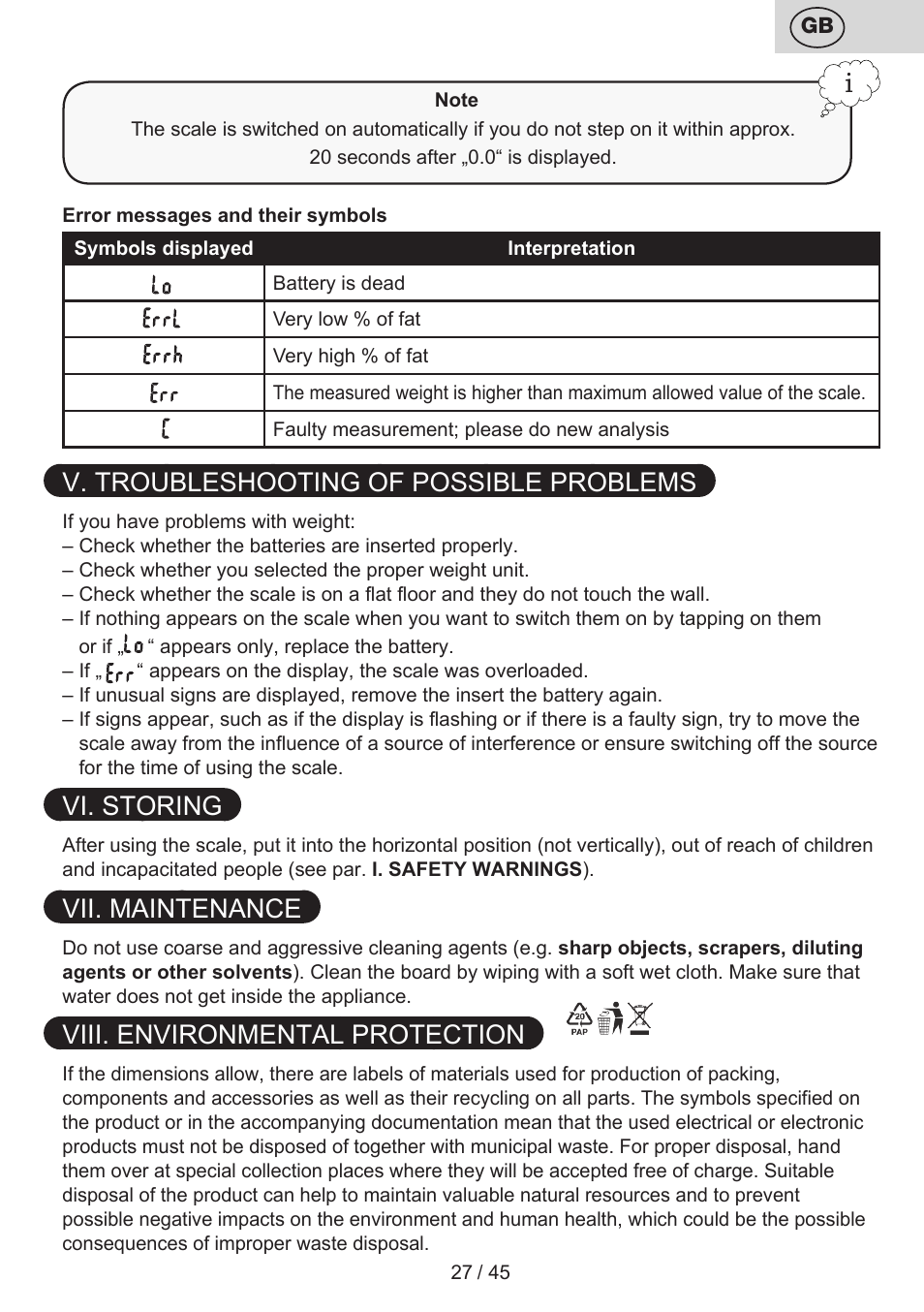 V. troubleshooting of possible problems, Vi. storing, Vii. maintenance | Viii. environmental protection | ETA Helen User Manual | Page 27 / 48