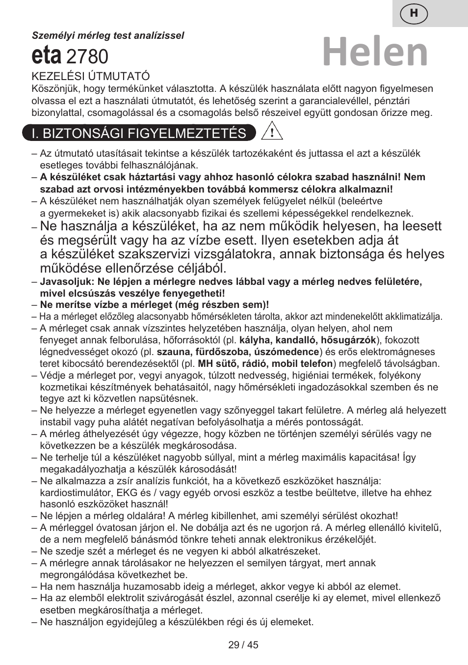 Helen, I. biztonsági figyelmeztetés | ETA Helen User Manual | Page 29 / 48