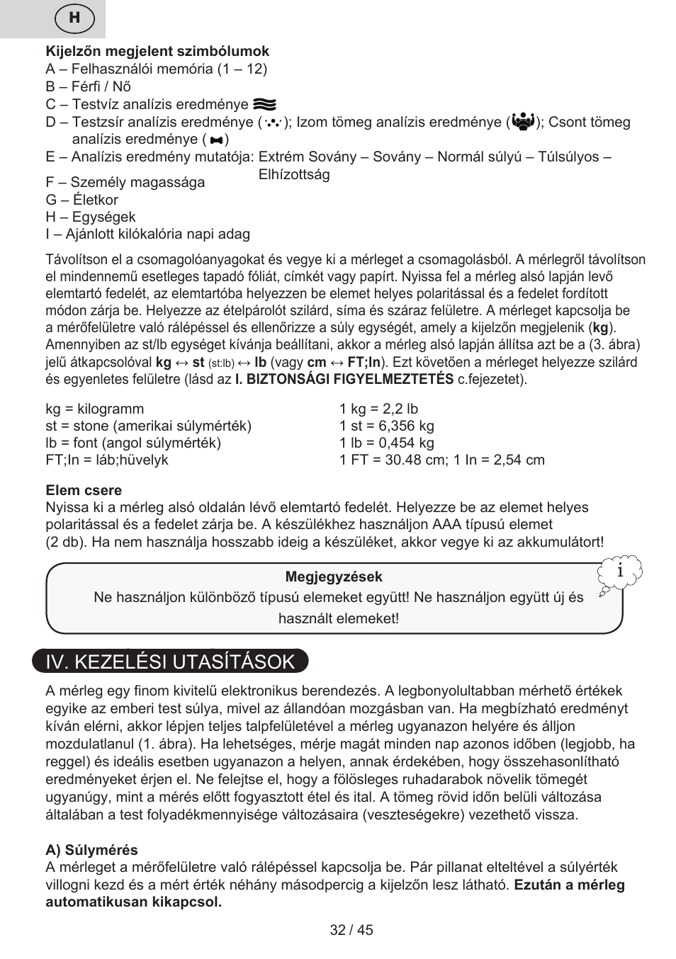 Iv. kezelési utasítások | ETA Helen User Manual | Page 32 / 48
