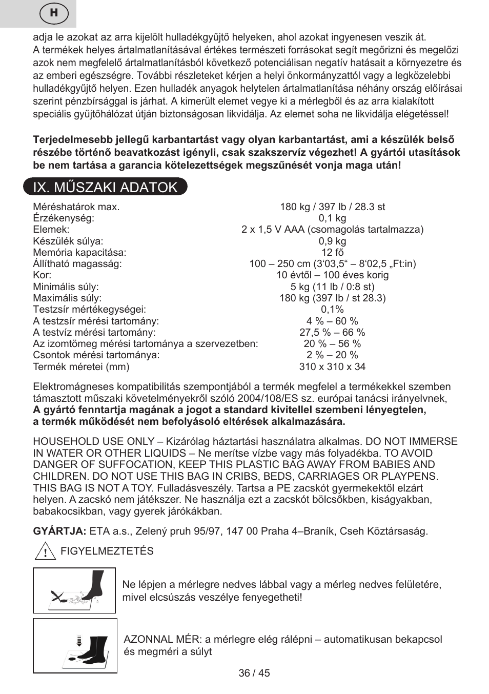 Ix. műszaki adatok | ETA Helen User Manual | Page 36 / 48