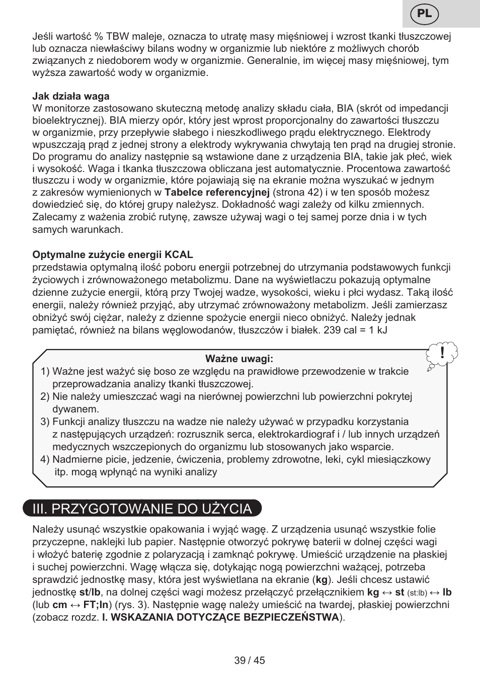 Iii. przygotowanie do użycia | ETA Helen User Manual | Page 39 / 48