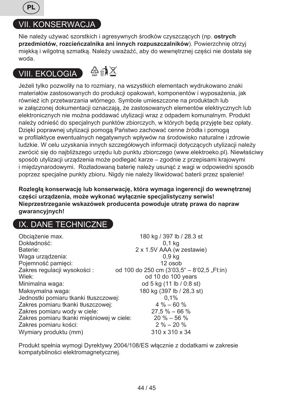 Vii. konserwacja, Viii. ekologia, Ix. dane techniczne | ETA Helen User Manual | Page 44 / 48