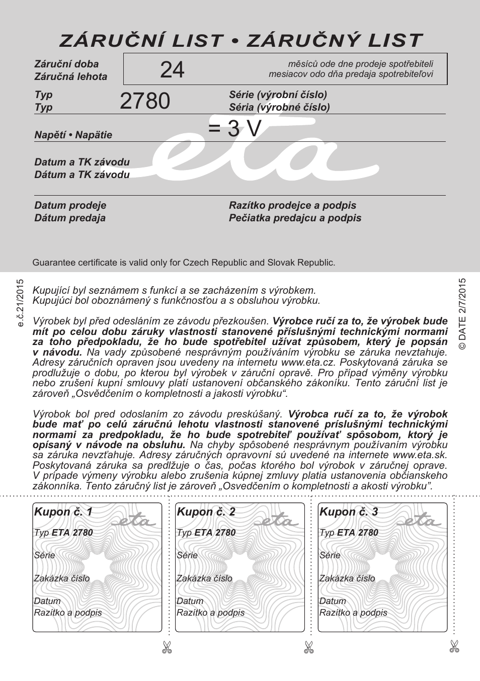List, Záruční list • záručný | ETA Helen User Manual | Page 48 / 48