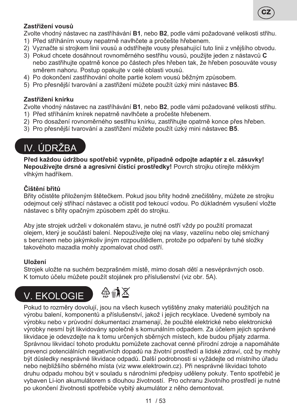 Iv. údržba, V. ekologie | ETA Bruno User Manual | Page 11 / 56