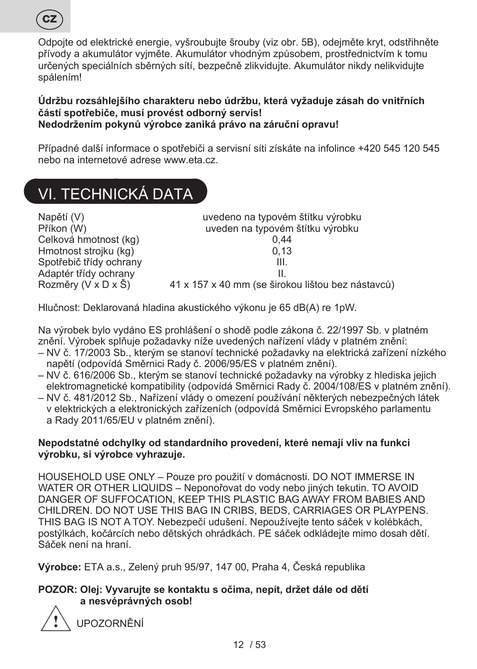 Vi. technická data | ETA Bruno User Manual | Page 12 / 56