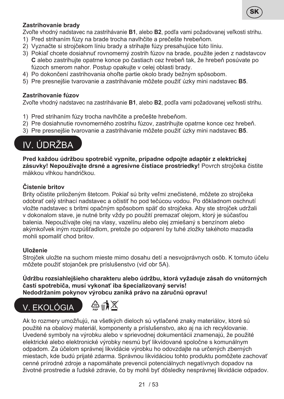 Iv. údržba, V. ekológia | ETA Bruno User Manual | Page 21 / 56