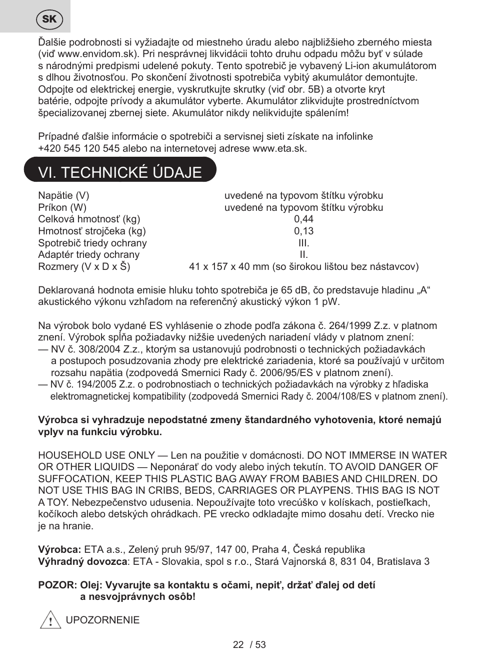 Vi. technické údaje | ETA Bruno User Manual | Page 22 / 56