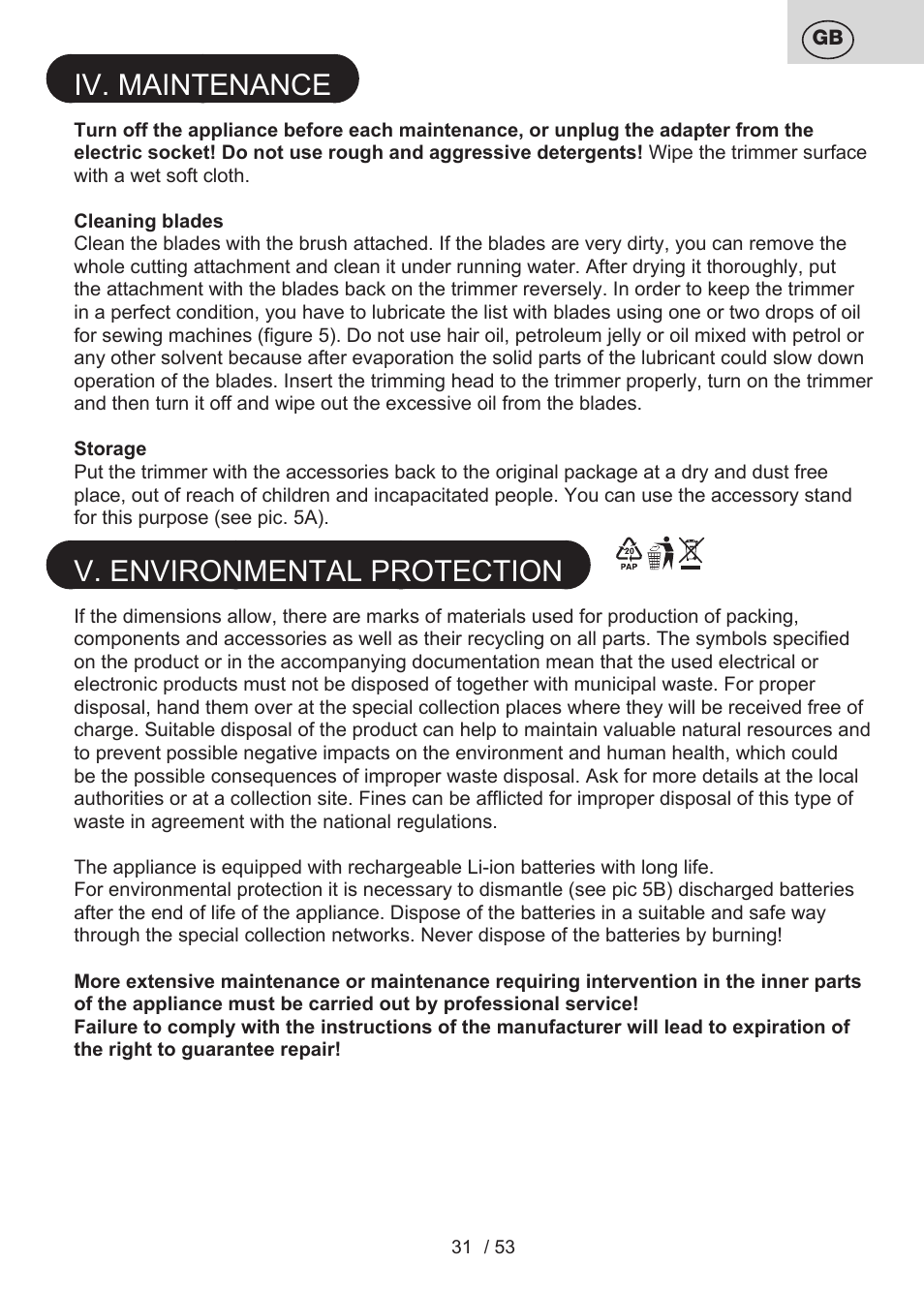 Iv. maintenance, V. environmental protection | ETA Bruno User Manual | Page 31 / 56