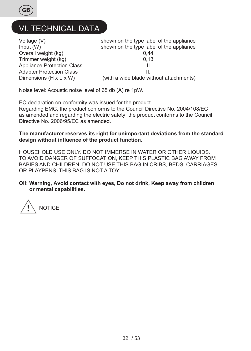 Vi. technical data | ETA Bruno User Manual | Page 32 / 56