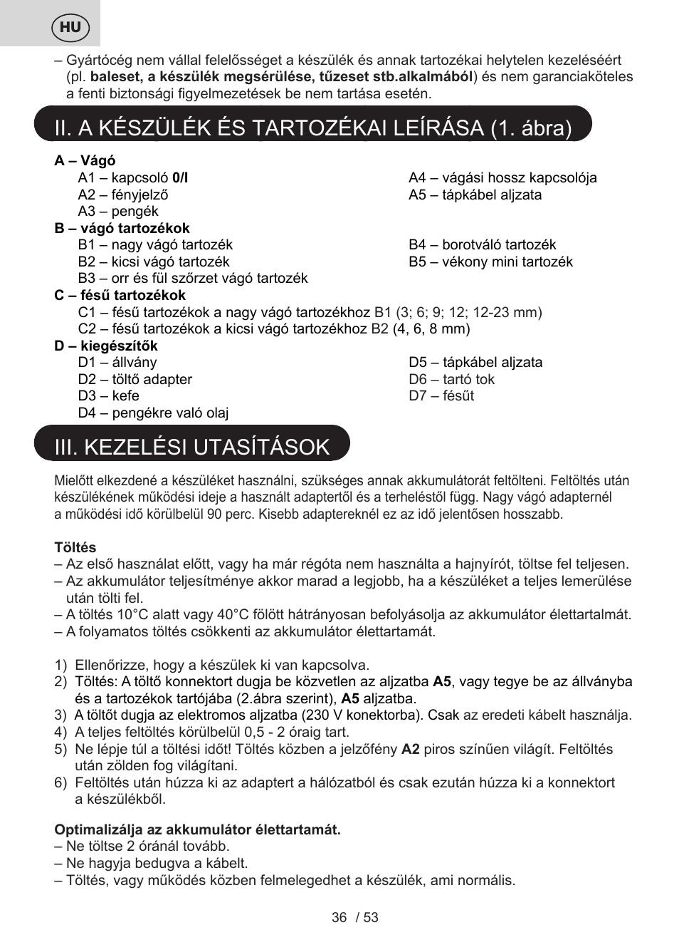 Ii. a készülék és tartozékai leírása (1. ábra), Iii. kezelési utasítások | ETA Bruno User Manual | Page 36 / 56