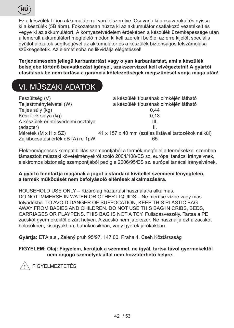 Vi. műszaki adatok | ETA Bruno User Manual | Page 42 / 56