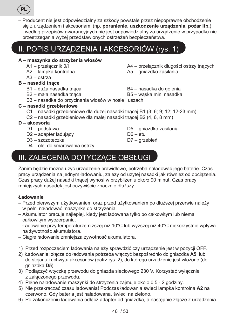 Ii. popis urządzenia i akcesoriów (rys. 1), Iii. zalecenia dotyczące obsługi | ETA Bruno User Manual | Page 46 / 56