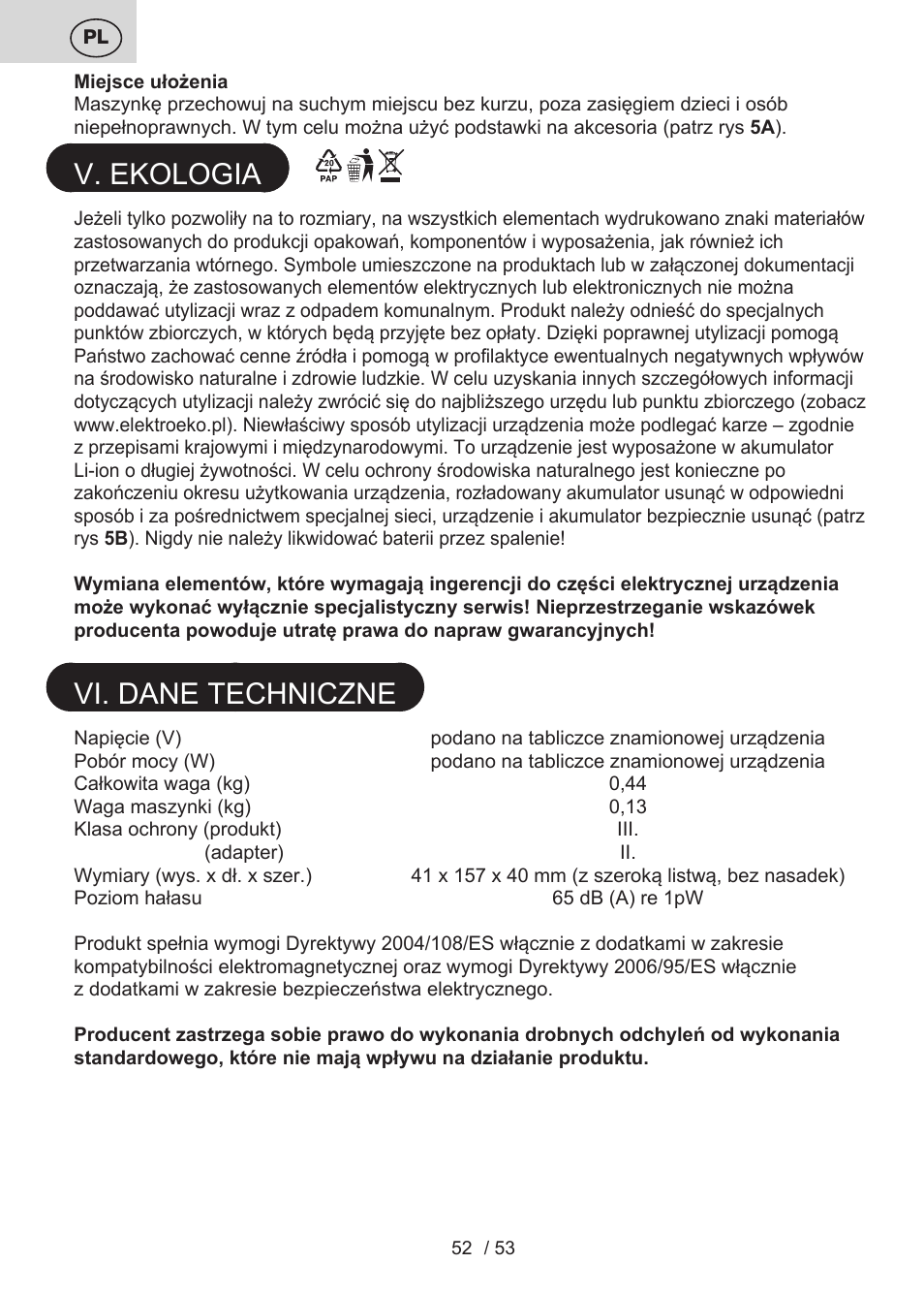 V. ekologia, Vi. dane techniczne | ETA Bruno User Manual | Page 52 / 56
