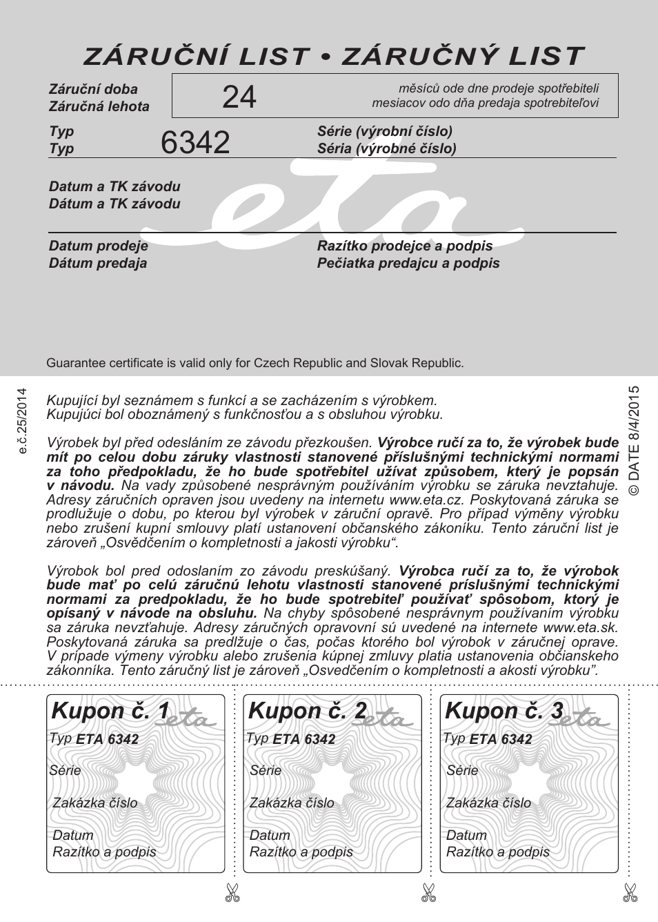 List, Záruční list • záručný, Kupon č. 1 | Kupon č. 3, Kupon č. 2 | ETA Bruno User Manual | Page 56 / 56