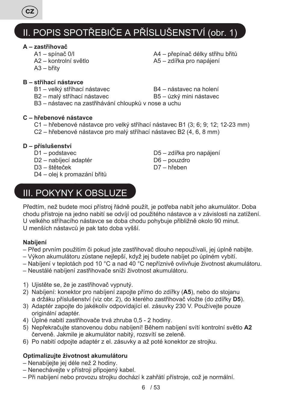 Ii. popis spotřebiče a příslušenství (obr. 1), Iii. pokyny k obsluze | ETA Bruno User Manual | Page 6 / 56