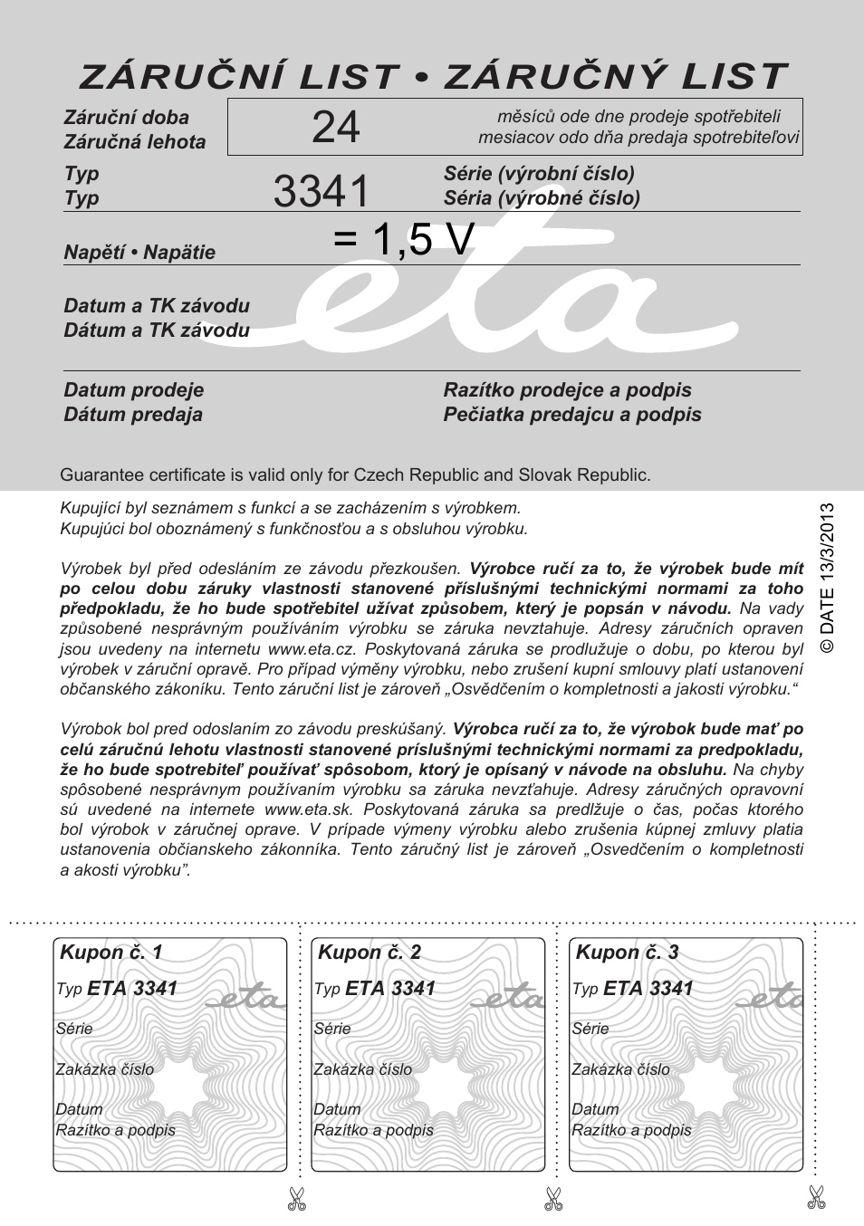 List, Záruční list • záručný | ETA Henry 2v1 User Manual | Page 20 / 20