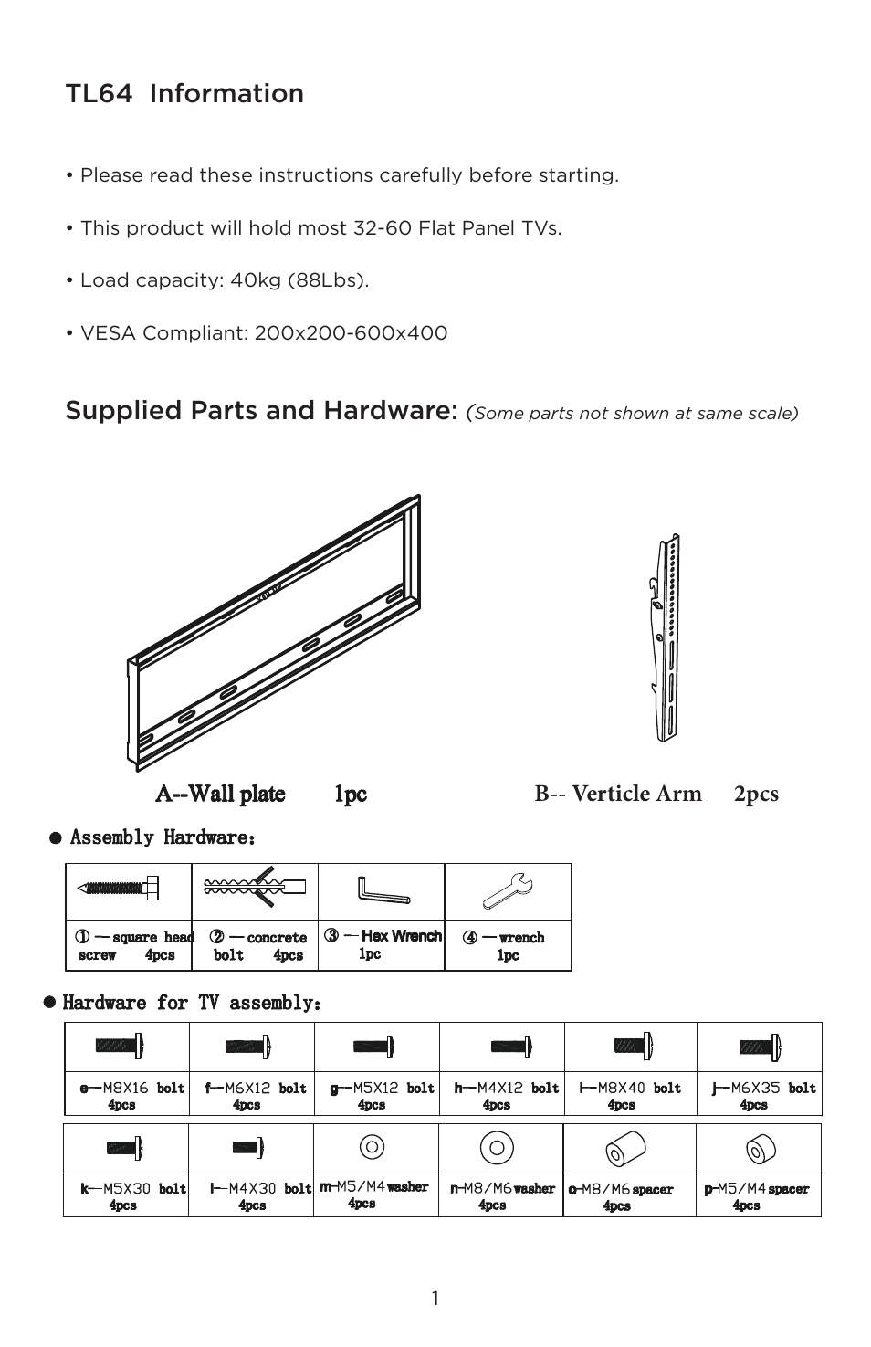 Tl64 information, Supplied parts and hardware | Ethereal TL64 User Manual | Page 2 / 8