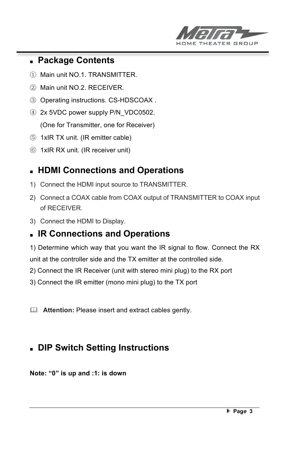 Package contents, Hdmi connections and operations, Ir connections and operations | Dip switch setting instructions | Ethereal CS-HDSCOAX User Manual | Page 6 / 12