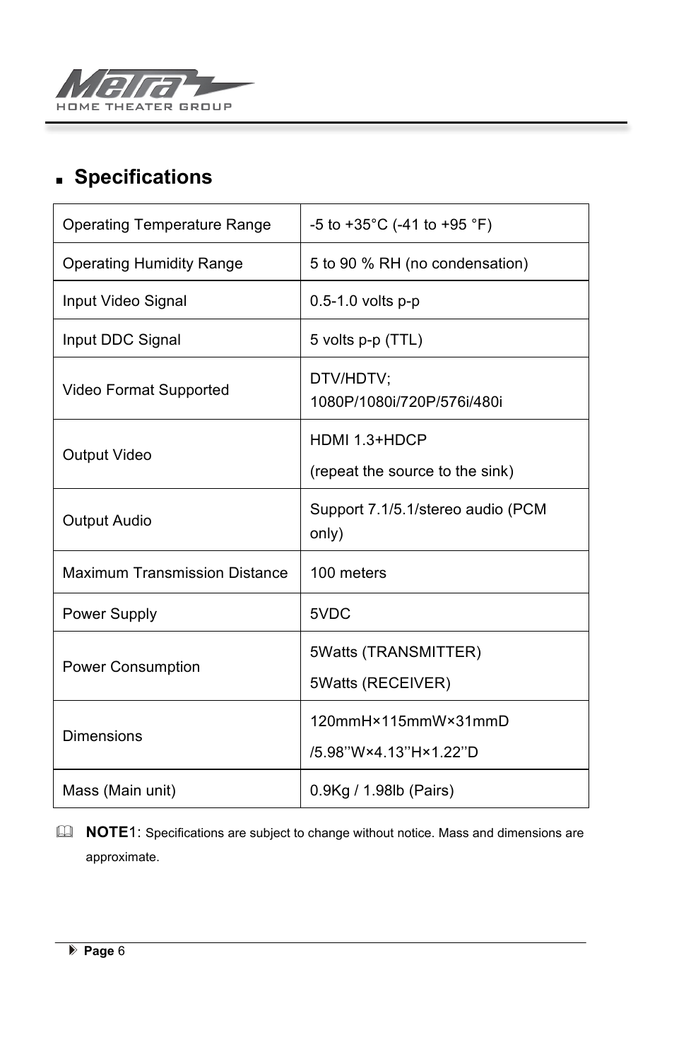 Specifications | Ethereal CS-HDSCOAX User Manual | Page 9 / 12