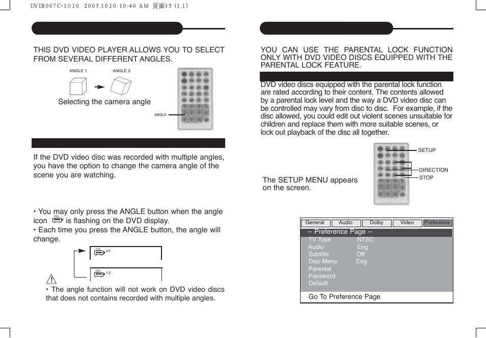 Setting the parental lock, Selecting the camera angle | Curtis DVD8007C User Manual | Page 19 / 28