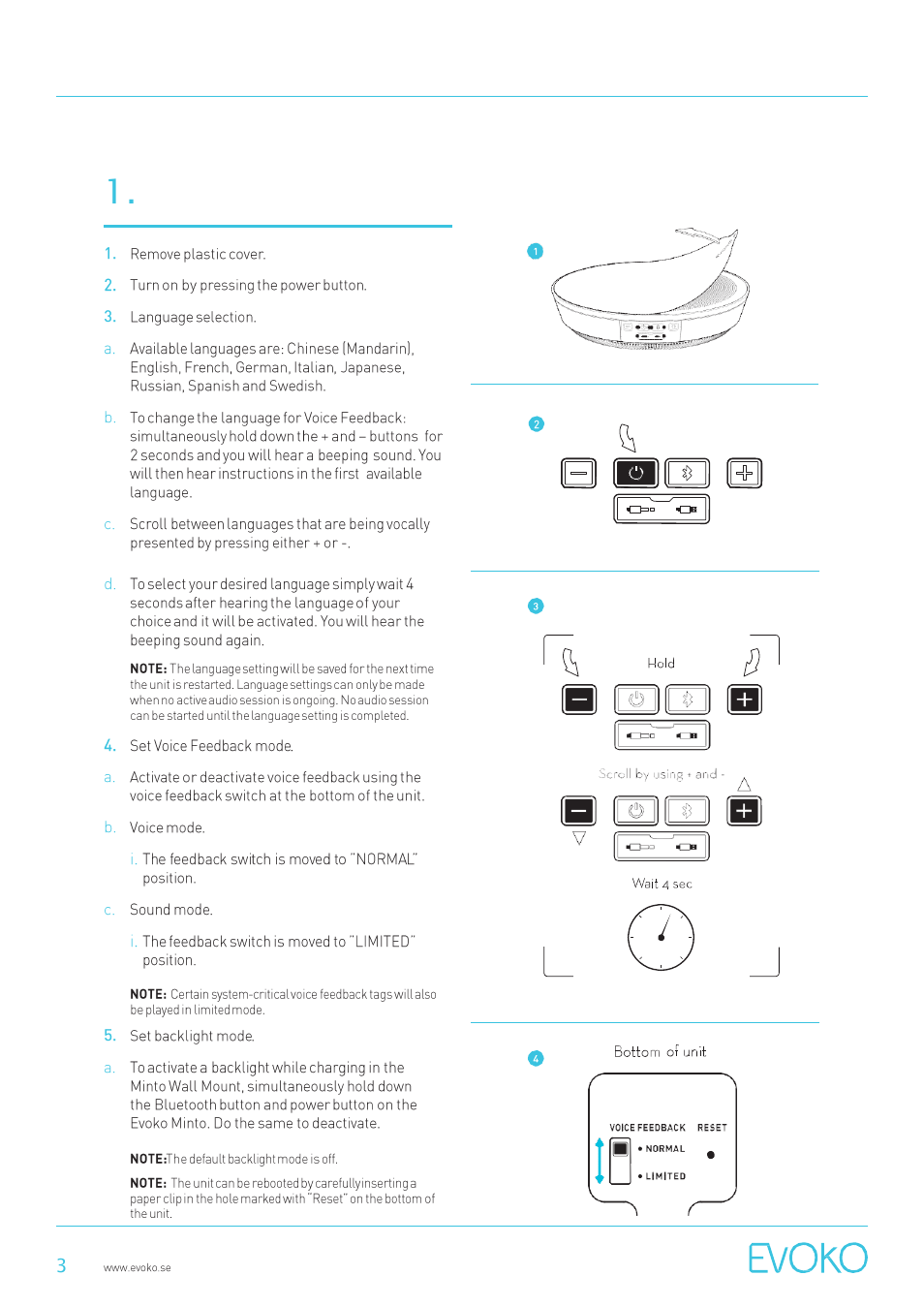 Initial configuration, Evoko minto conference phone user manual | Evoko Minto User Manual | Page 3 / 11