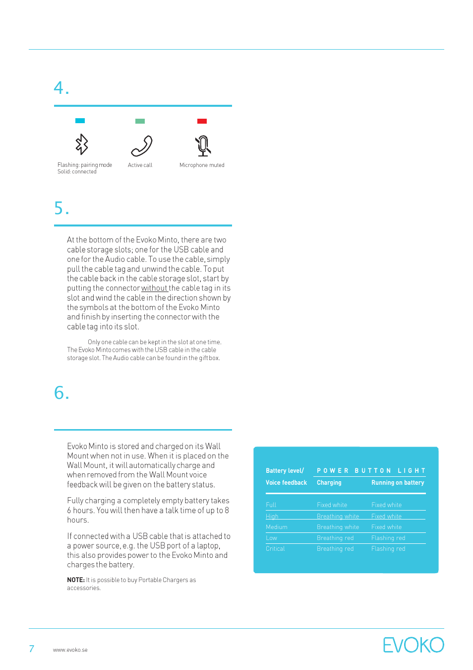 Halo light statuses, Cable storage, Charging & battery status | Evoko Minto User Manual | Page 7 / 11