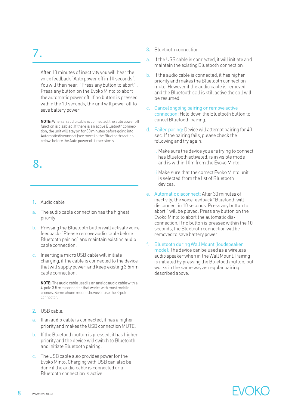 Auto power off, More about connections | Evoko Minto User Manual | Page 8 / 11