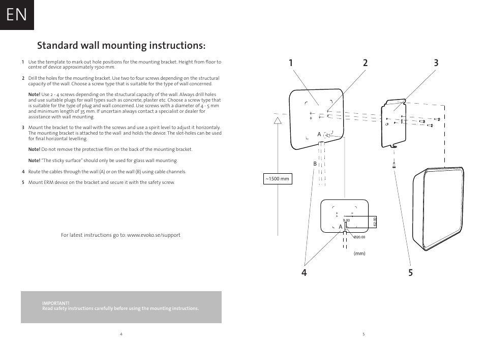 Standard wall mounting instructions | Evoko Room Manager Mounting Instructions User Manual | Page 3 / 17