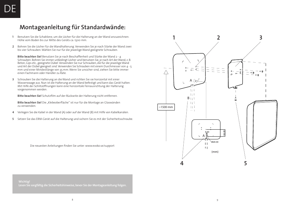 Montageanleitung für standardwände | Evoko Room Manager Mounting Instructions User Manual | Page 5 / 17