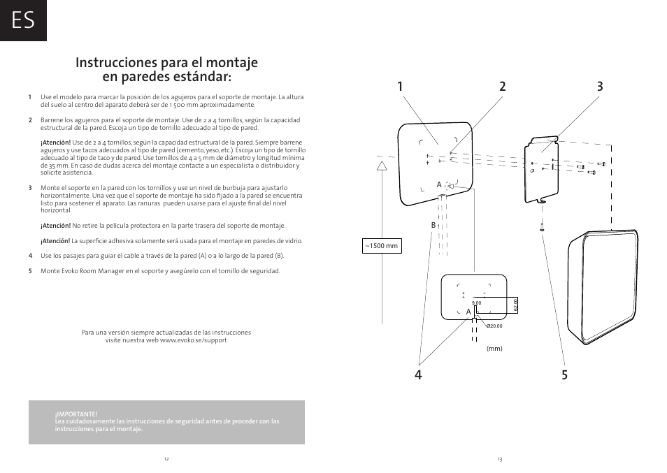 Instrucciones para el montaje en paredes estándar | Evoko Room Manager Mounting Instructions User Manual | Page 7 / 17